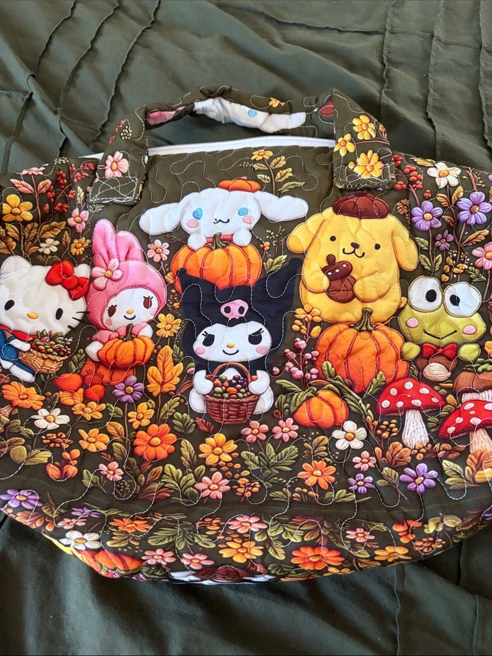 Sanrio Quilted Carrier Bag in Olive Green with Autumn Character Print New Large
